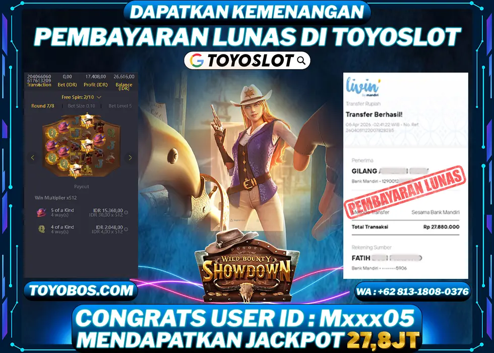 TOYOSLOT - BUKTI KEMENANGAN Wild Bounty Showdown Rp27,800,000,- LUNAS